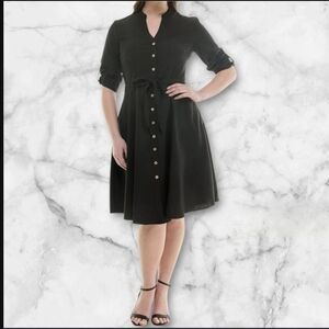 Sharagano Women's Button Front Pleated Shirt Casual Dress, Very Black, 4